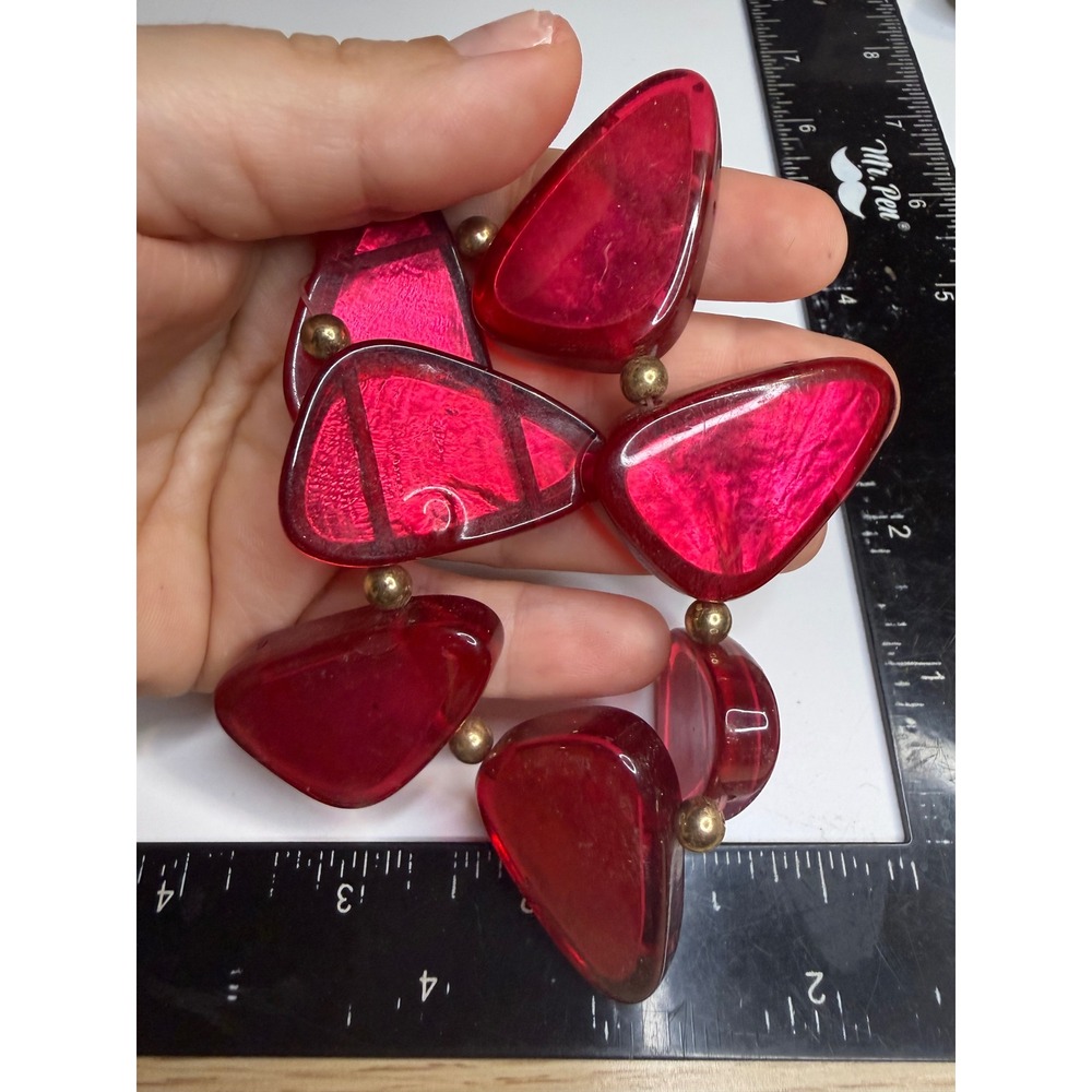 Ruby Red Chunky Resin Stretch Bracelet Gold Tone Spacers Bold Statement Jewelry